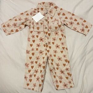 Neutral Floral & Heart Print Baby Coverall - Cream/Pink